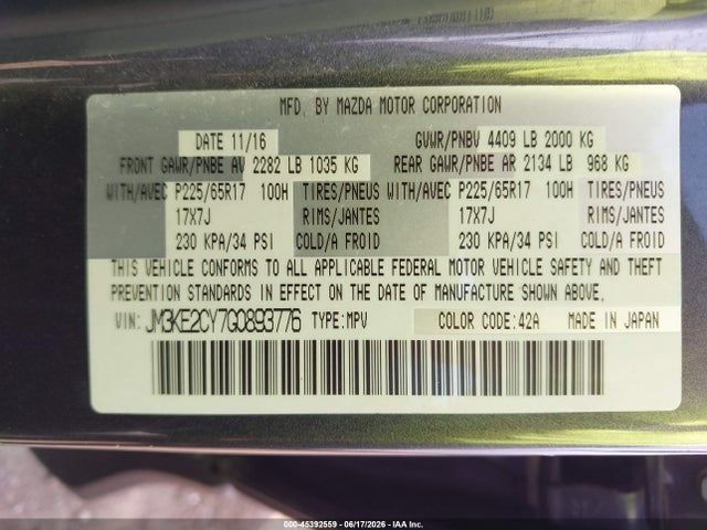 Auction sale of the 2016 Mazda Cx-5 Touring, vin: JM3KE2CY7G0893776, lot number: 45392559