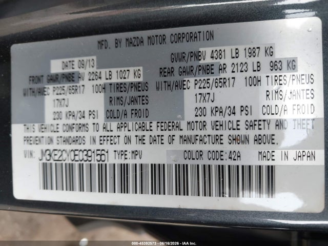 Aukcja sprzedaży 2014 Mazda Cx-5 Touring, vin: JM3KE2CY0E0391561, numer aukcji: 45392573