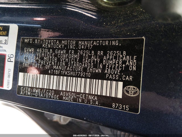 Aukcja sprzedaży 2017 Toyota Camry Le, vin: 4T1BF1FK5HU779210, numer aukcji: 45392583