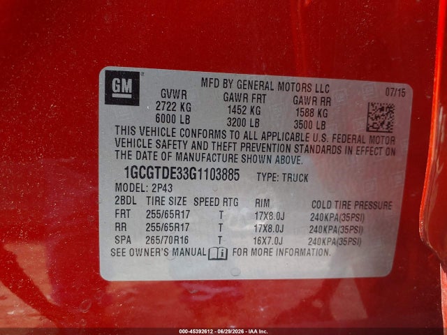 Продажа на аукционе авто 2016 Chevrolet Colorado 4wd Z71, vin: 1GCGTDE33G1103885, номер лота: 45392612
