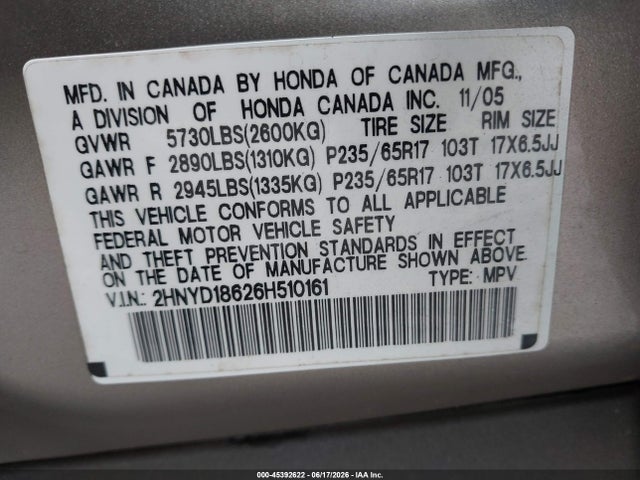 2006 Acura Mdx მანქანა იყიდება აუქციონზე, vin: 2HNYD18626H510161, აუქციონის ნომერი: 45392622