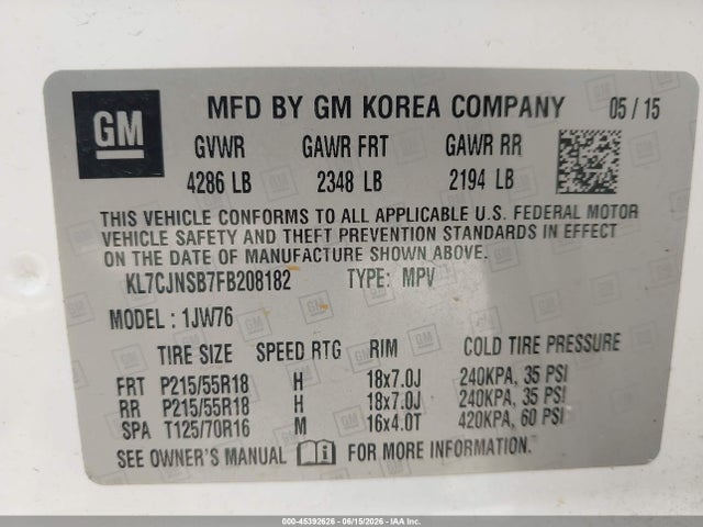 2015 Chevrolet Trax Ltz მანქანა იყიდება აუქციონზე, vin: KL7CJNSB7FB208182, აუქციონის ნომერი: 45392626