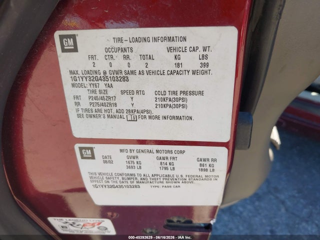 2003 Chevrolet Corvette მანქანა იყიდება აუქციონზე, vin: 1G1YY32G435103283, აუქციონის ნომერი: 45392629