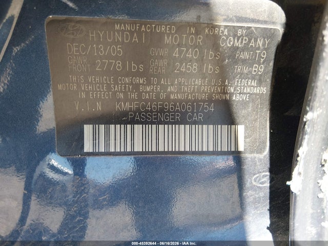 Aukcja sprzedaży 2006 Hyundai Azera Limited/se, vin: KMHFC46F96A061754, numer aukcji: 45392644