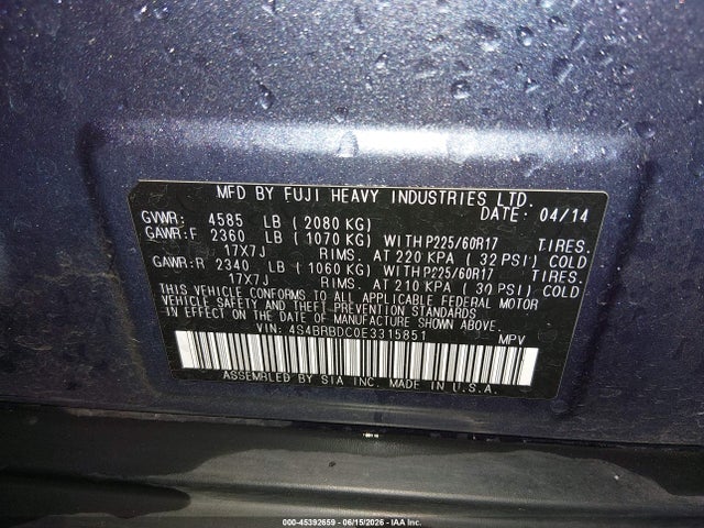 Subaru Outback 2.5i Premium 2014 4S4BRBDC0E3315851 Image 9