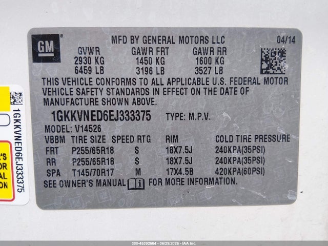 Aukcja sprzedaży 2014 Gmc Acadia Sle-1, vin: 1GKKVNED6EJ333375, numer aukcji: 45392664