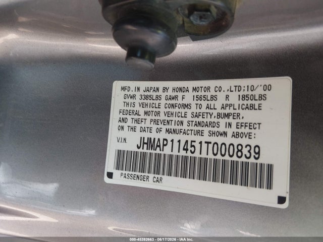 Aukcja sprzedaży 2001 Honda S2000, vin: JHMAP11451T000839, numer aukcji: 45392663