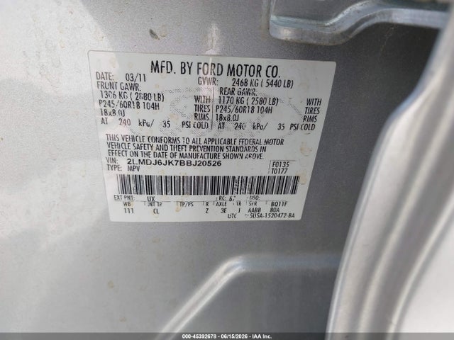 Продаж на аукціоні авто 2011 Lincoln Mkx, vin: 2LMDJ6JK7BBJ20526, номер лоту: 45392678