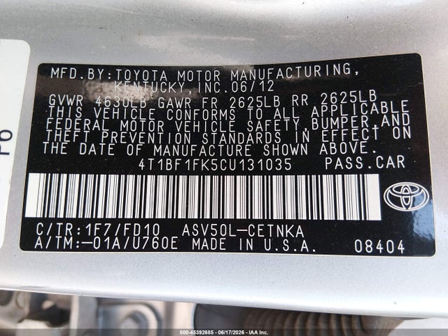Aukcja sprzedaży 2012 Toyota Camry Le, vin: 4T1BF1FK5CU131035, numer aukcji: 45392685