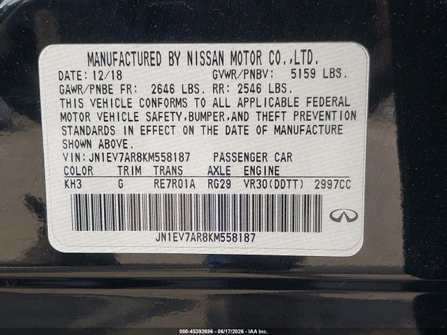 Aukcja sprzedaży 2019 Infiniti Q50 3.0t Luxe, vin: JN1EV7AR8KM558187, numer aukcji: 45392696