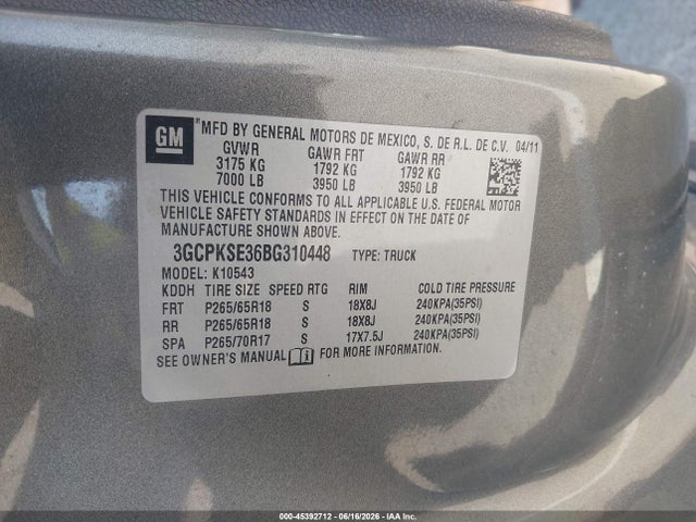 2011 Chevrolet Silverado 1500 Lt მანქანა იყიდება აუქციონზე, vin: 3GCPKSE36BG310448, აუქციონის ნომერი: 45392712