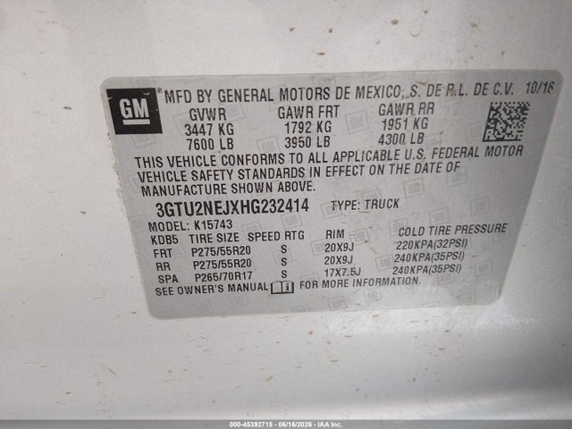 Продаж на аукціоні авто 2017 Gmc Sierra 1500 Slt, vin: 3GTU2NEJXHG232414, номер лоту: 45392715