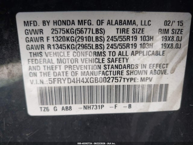 45392724 :رقم المزاد ، 5FRYD4H4XGB002757 vin ، 2016 Acura Mdx Technology   Acurawatch Plus Packages/technology Package مزاد بيع