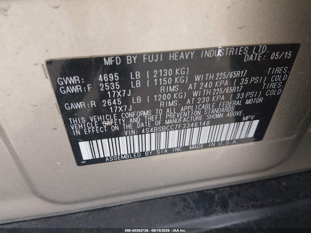 2015 Subaru Outback 2.5i Premium მანქანა იყიდება აუქციონზე, vin: 4S4BSBCC7F3346148, აუქციონის ნომერი: 45392726