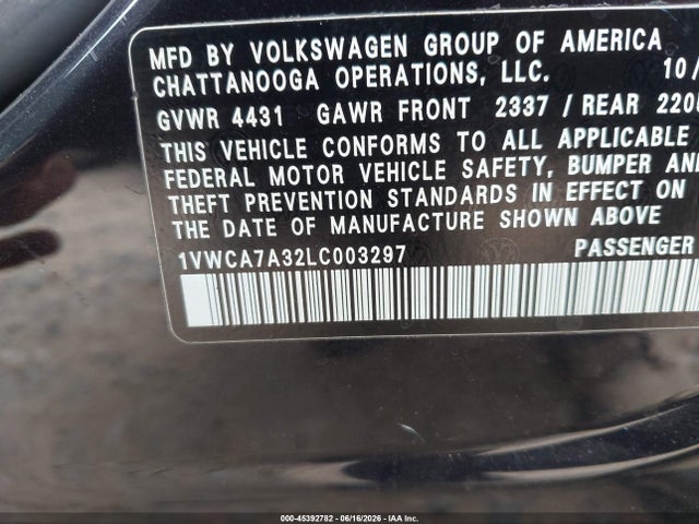 Продаж на аукціоні авто 2020 Volkswagen Passat 2.0t Sel, vin: 1VWCA7A32LC003297, номер лоту: 45392782