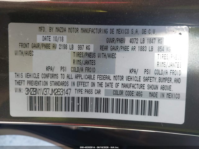 Aukcja sprzedaży 2018 Mazda Mazda3 Touring, vin: 3MZBN1V37JM263147, numer aukcji: 45392814