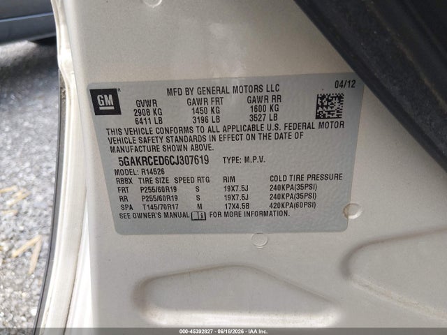 45392827 :رقم المزاد ، 5GAKRCED6CJ307619 vin ، 2012 Buick Enclave Leather مزاد بيع