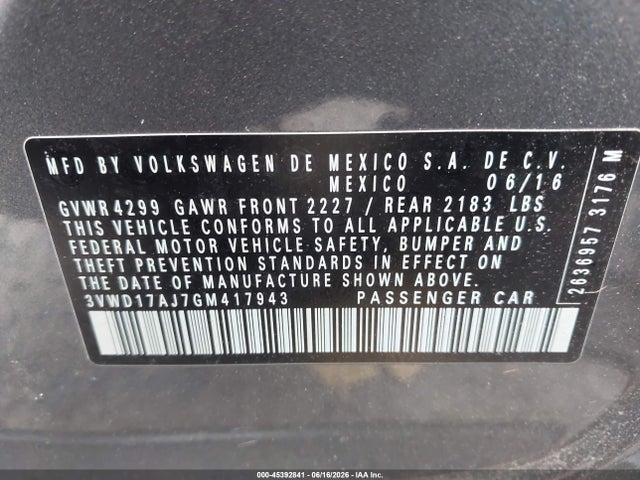 Продаж на аукціоні авто 2016 Volkswagen Jetta 1.8t Sport, vin: 3VWD17AJ7GM417943, номер лоту: 45392841