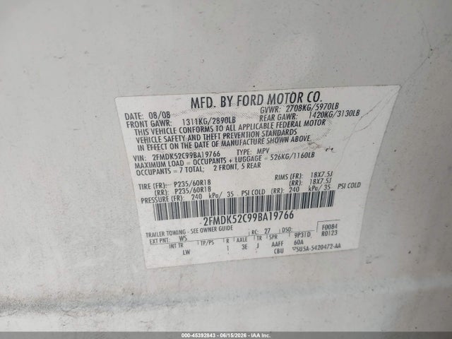 Aukcja sprzedaży 2009 Ford Flex Sel, vin: 2FMDK52C99BA19766, numer aukcji: 45392843