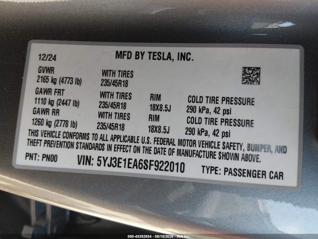 Aukcja sprzedaży 2025 Tesla Model 3 Long Range Rear-wheel Drive/standard Rear-wheel Drive, vin: 5YJ3E1EA6SF922010, numer aukcji: 45392854