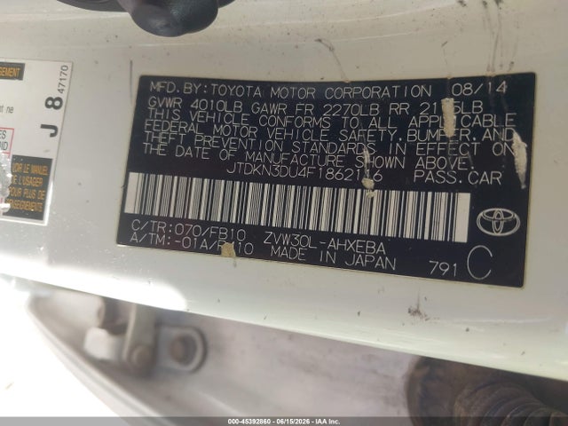 Aukcja sprzedaży 2015 Toyota Prius Two, vin: JTDKN3DU4F1862116, numer aukcji: 45392860