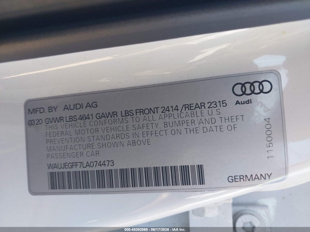 45392869 :رقم المزاد ، WAUJEGFF7LA074473 vin ، 2020 Audi A3 Premium Plus 45 Tfsi S Line Quattro S Tronic مزاد بيع