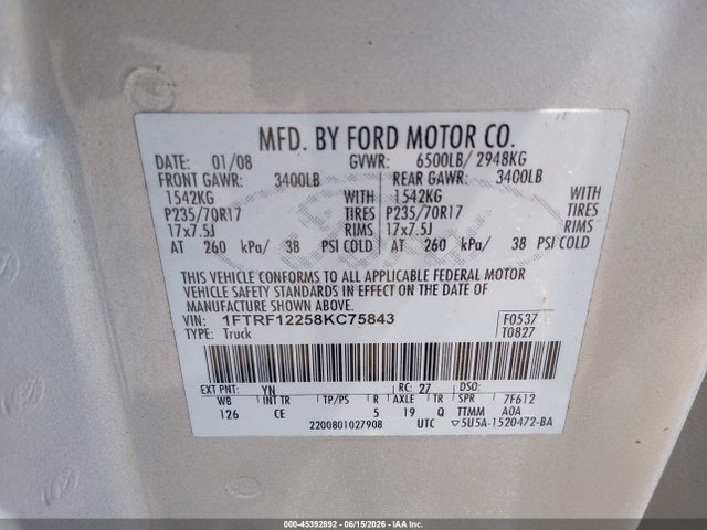 Aukcja sprzedaży 2008 Ford F-150 Stx/xl/xlt, vin: 1FTRF12258KC75843, numer aukcji: 45392892