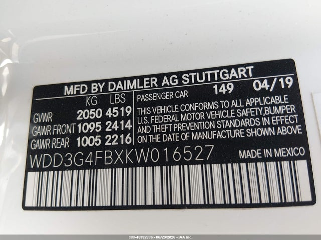 45392896 :رقم المزاد ، WDD3G4FBXKW016527 vin ، 2019 Mercedes-benz A 220 4matic مزاد بيع