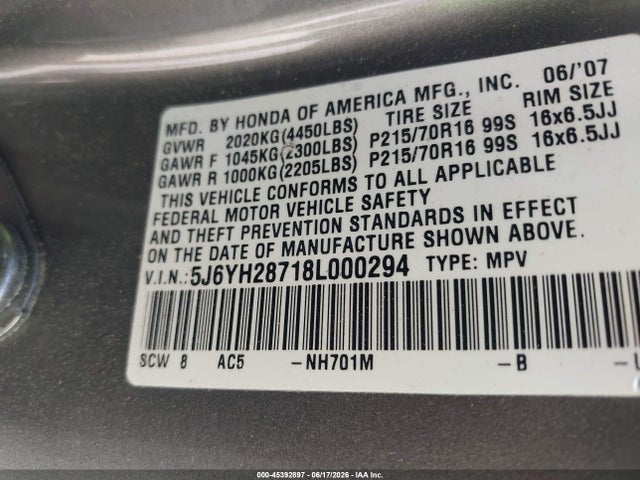 2008 Honda Element Ex მანქანა იყიდება აუქციონზე, vin: 5J6YH28718L000294, აუქციონის ნომერი: 45392897