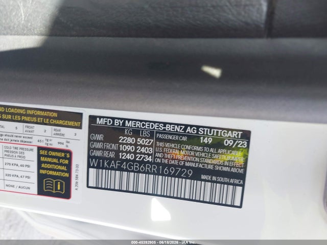 Aukcja sprzedaży 2024 Mercedes-benz C 300, vin: W1KAF4GB6RR169729, numer aukcji: 45392905