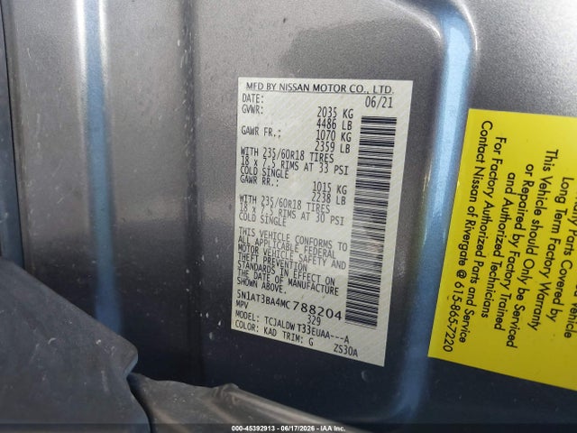 Продажа на аукционе авто 2021 Nissan Rogue Sv Fwd, vin: 5N1AT3BA4MC788204, номер лота: 45392913