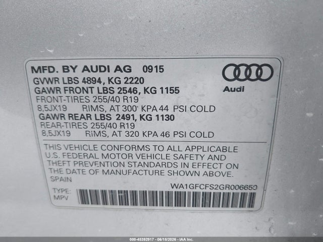 Aukcja sprzedaży 2016 Audi Q3 2.0t Premium Plus, vin: WA1GFCFS2GR006650, numer aukcji: 45392917