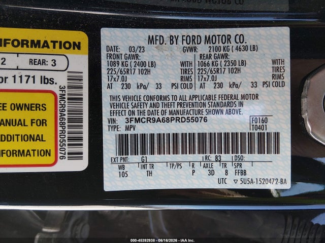 45392938 :رقم المزاد ، 3FMCR9A68PRD55076 vin ، 2023 Ford Bronco Sport مزاد بيع