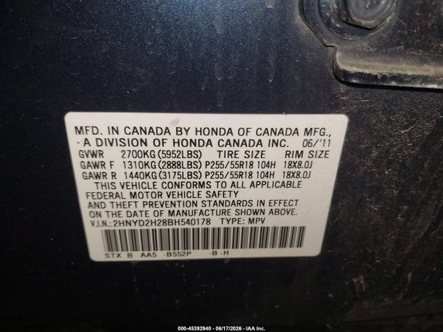 Aukcja sprzedaży 2011 Acura Mdx, vin: 2HNYD2H28BH540178, numer aukcji: 45392940