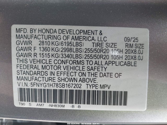 Продаж на аукціоні авто 2025 Honda Pilot Touring, vin: 5FNYG1H78SB167202, номер лоту: 45392956