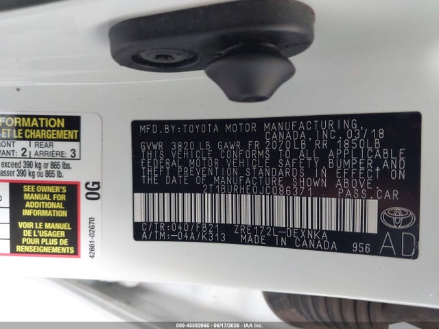 2018 Toyota Corolla Le მანქანა იყიდება აუქციონზე, vin: 2T1BURHE0JC086371, აუქციონის ნომერი: 45392966