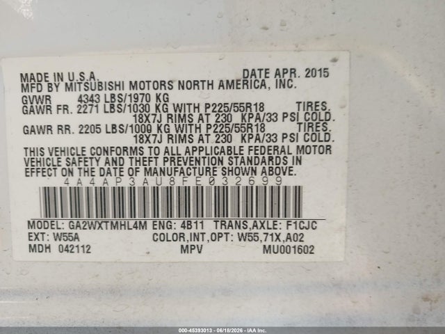 4A4AP3AU8FE032699 Mitsubishi Outlander Sport Es