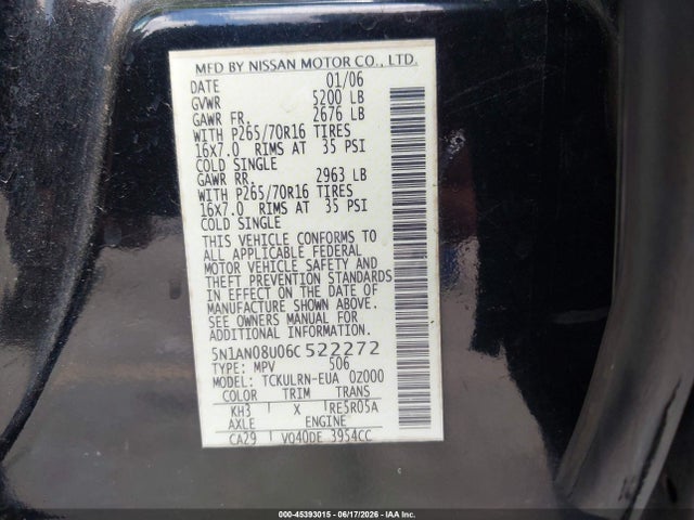 45393015 :رقم المزاد ، 5N1AN08U06C522272 vin ، 2006 Nissan Xterra S مزاد بيع