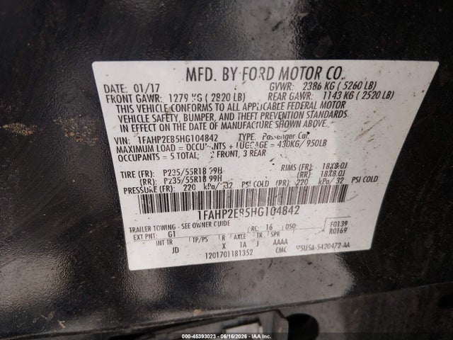 45393023 :رقم المزاد ، 1FAHP2E85HG104842 vin ، 2017 Ford Taurus Sel مزاد بيع