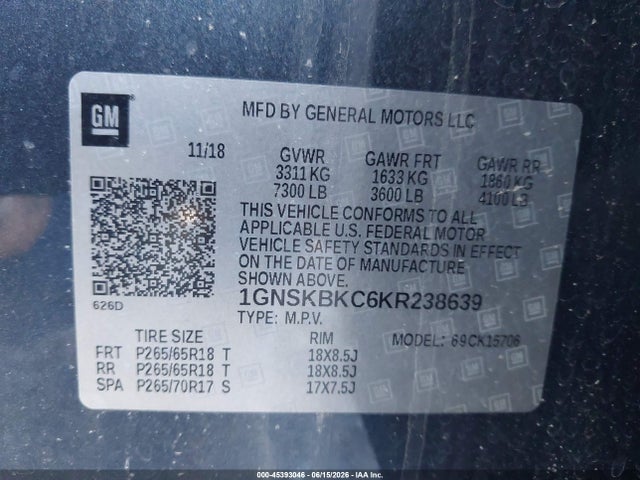 Продаж на аукціоні авто 2019 Chevrolet Tahoe Lt, vin: 1GNSKBKC6KR238639, номер лоту: 45393046