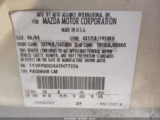 Aukcja sprzedaży 2004 Mazda Mazda6 S, vin: 1YVFP80DX45N77256, numer aukcji: 45393056