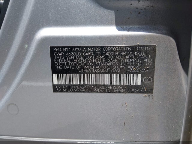 Aukcja sprzedaży 2016 Lexus Is 200t, vin: JTHBA1D22G5017692, numer aukcji: 45393057