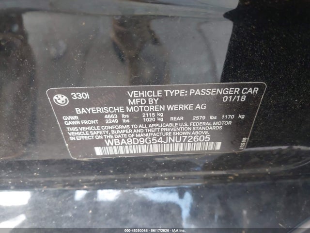 2018 Bmw 330i Xdrive მანქანა იყიდება აუქციონზე, vin: WBA8D9G54JNU72605, აუქციონის ნომერი: 45393068