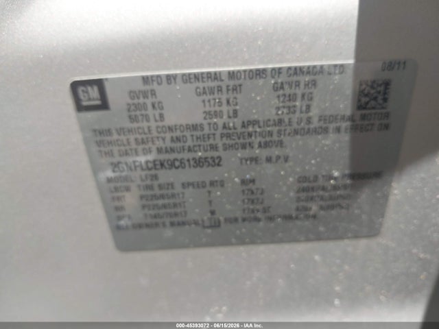 Продаж на аукціоні авто 2012 Chevrolet Equinox Ls, vin: 2GNFLCEK9C6136532, номер лоту: 45393072