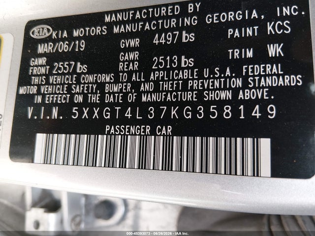 2019 Kia Optima Lx მანქანა იყიდება აუქციონზე, vin: 5XXGT4L37KG358149, აუქციონის ნომერი: 45393073