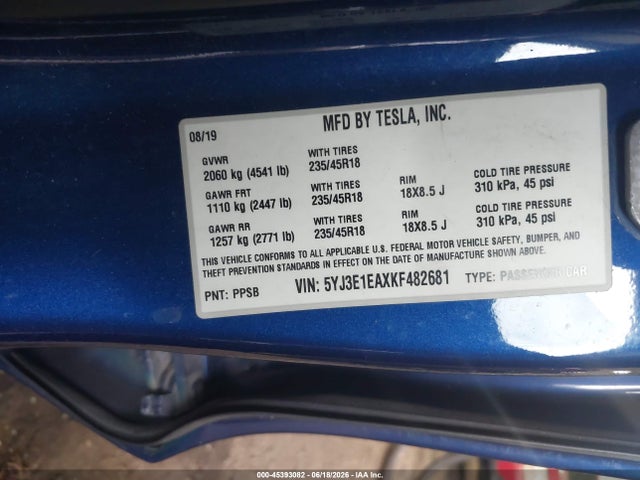 Продаж на аукціоні авто 2019 Tesla Model 3 Long Range/mid Range/standard Range/standard Range Plus, vin: 5YJ3E1EAXKF482681, номер лоту: 45393082