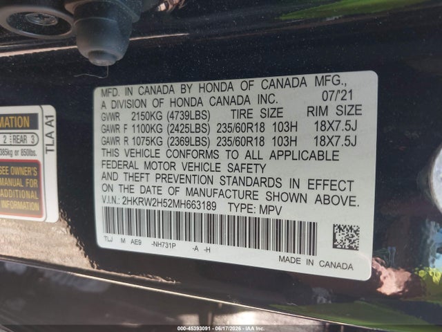 Продажа на аукционе авто 2021 Honda Cr-v Awd Ex, vin: 2HKRW2H52MH663189, номер лота: 45393091