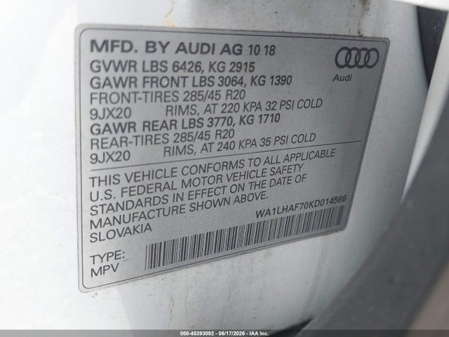 45393092 :رقم المزاد ، WA1LHAF70KD014566 vin ، 2019 Audi Q7 45 Premium مزاد بيع