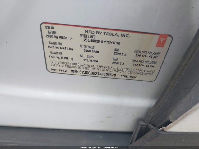 Aukcja sprzedaży 2018 Tesla Model X 100d/75d/p100d, vin: 5YJXCDE27JF090578, numer aukcji: 45393094