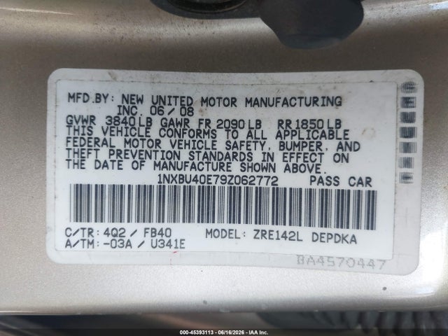 Продажа на аукционе авто 2009 Toyota Corolla Le, vin: 1NXBU40E79Z062772, номер лота: 45393113
